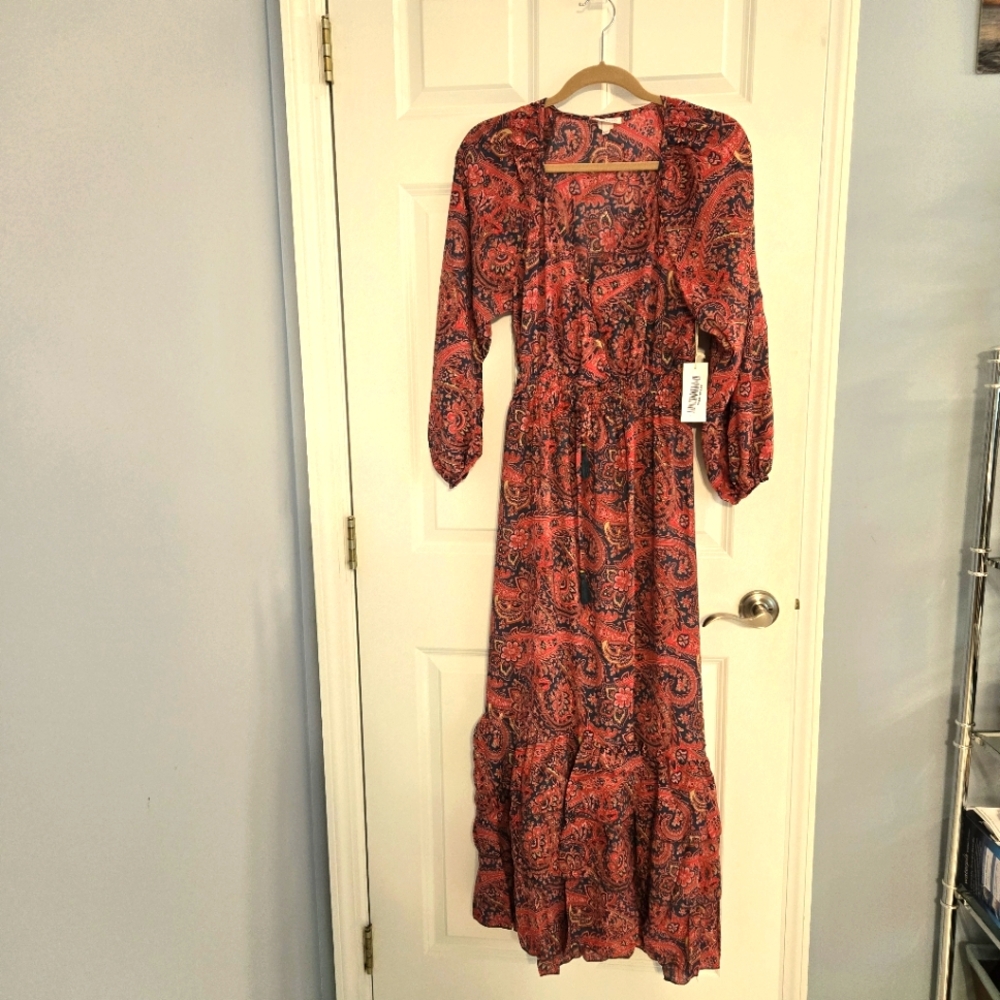 NWT Boemo Anthropologie Dress M Petite Paisley Printed Red Maxi Balloon Sleeve